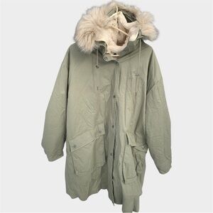 ASOS oversized khaki parka with fleece lining and removable fur hood